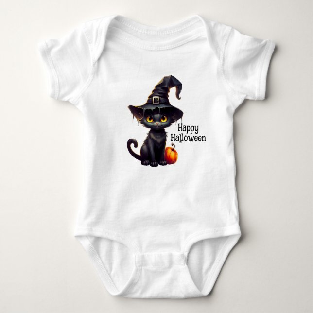 Niedliche schwarze Katze mit Hexenhut Baby Strampler (Vorderseite)