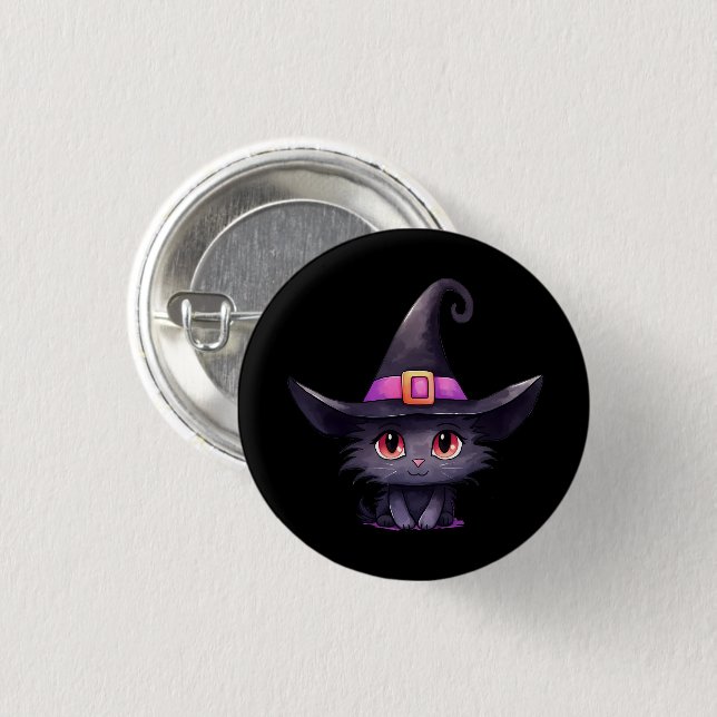 Niedliche schwarze Katze mit Hexenhut Button (Vorne & Hinten)