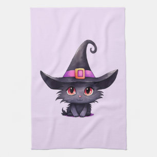 Niedliche schwarze Katze mit Hexenhut Geschirrtuch