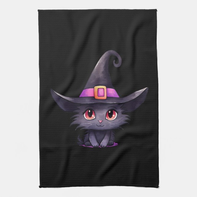 Niedliche schwarze Katze mit Hexenhut Geschirrtuch (Vertikal)