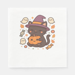 Niedliche Schwarze Katze mit Hexenhut - Kawaii Hal Serviette