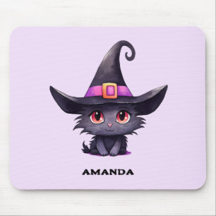 Niedliche schwarze Katze mit Hexenhut Mousepad