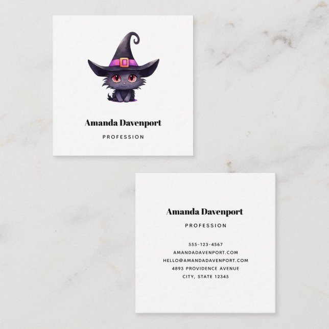 Niedliche schwarze Katze mit Hexenhut Quadratische Visitenkarte (Vorne/Hinten)