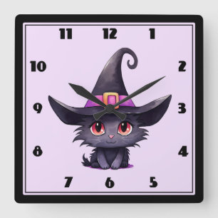 Niedliche schwarze Katze mit Hexenhut Quadratische Wanduhr