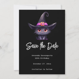 Niedliche schwarze Katze mit Hexenhut Save The Date