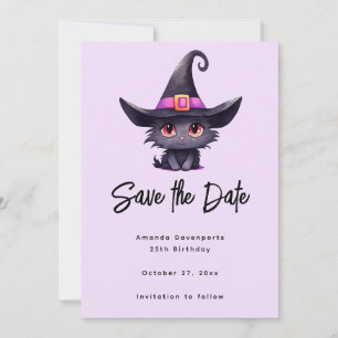 Niedliche schwarze Katze mit Hexenhut Save The Date
