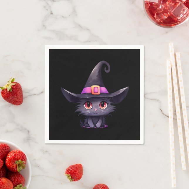 Niedliche schwarze Katze mit Hexenhut Serviette (Beispiel)