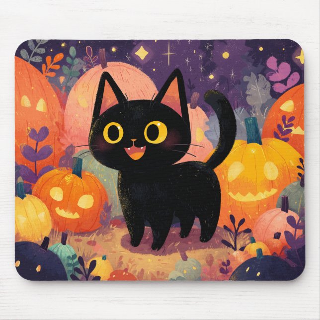 Niedliche Schwarze Katze mit Jack-o’-Lanterns - Mo Mousepad (Vorne)