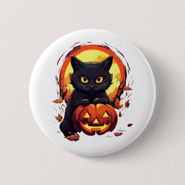 Niedliche Schwarze Katze mit Pumpkin Button (Vorderseite)