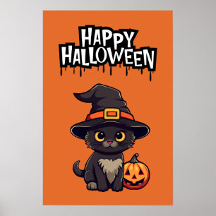 Niedliche Schwarze Katze mit Pumpkin-Kürbislaterne Poster