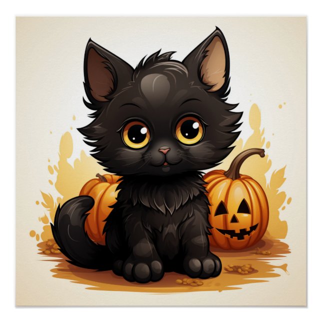 Niedliche Schwarze Katze mit Pumpkins Poster (Vorderseite)