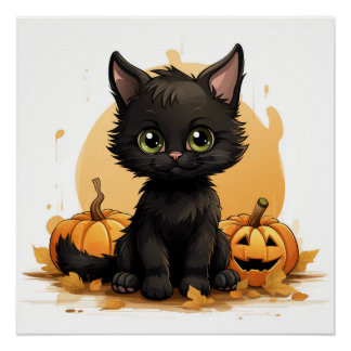 Niedliche Schwarze Katze mit Pumpkins Poster