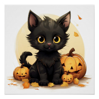 Niedliche Schwarze Katze mit Pumpkins Poster
