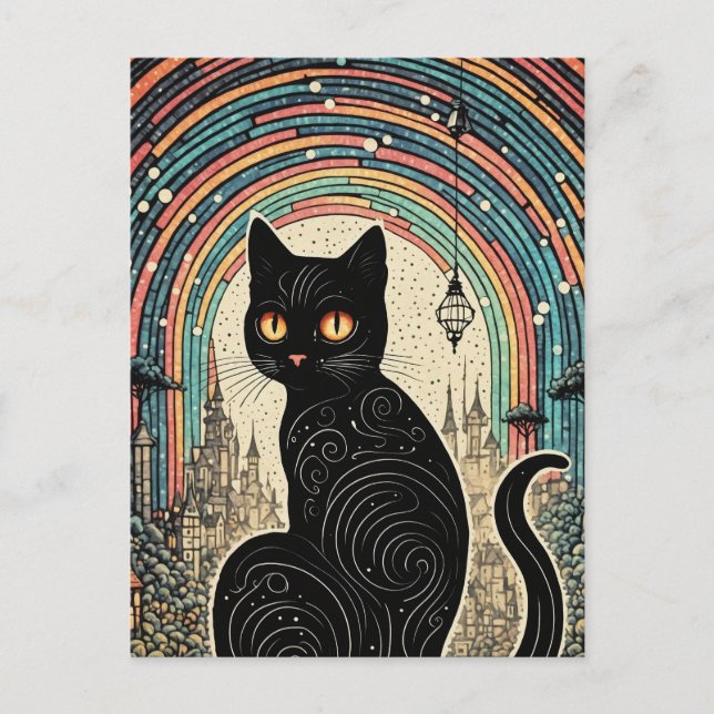 Niedliche Schwarze Katze mit Regenbogen in der Sta Postkarte (Vorderseite)