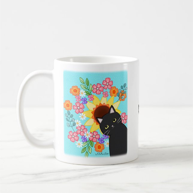 Niedliche Schwarze Katze mit Sonnenblumen-Brauch Kaffeetasse (Links)