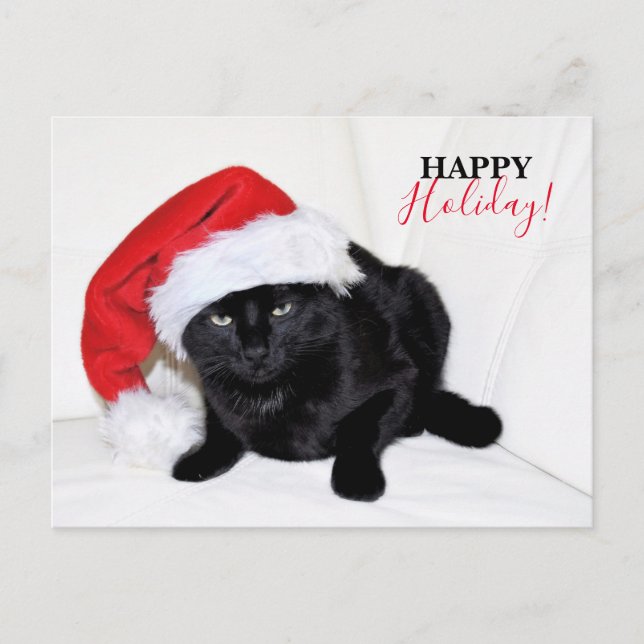 Niedliche Schwarze Katze mit Weihnachtsmannmütze Feiertagspostkarte (Vorderseite)