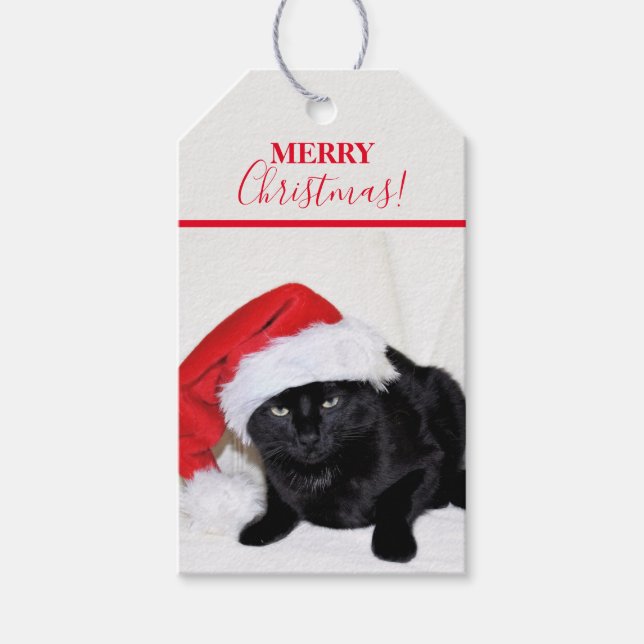 Niedliche Schwarze Katze mit Weihnachtsmannmütze Geschenkanhänger (Vorderseite)