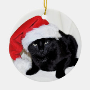 Niedliche schwarze Katze mit Weihnachtsmannmütze Keramik Ornament