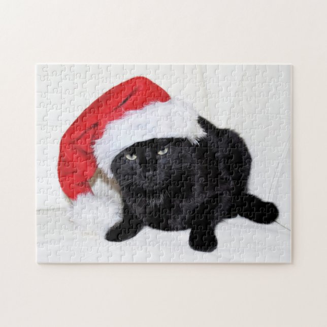 Niedliche schwarze Katze mit Weihnachtsmannmütze Puzzle (Horizontal)