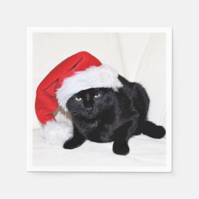 Niedliche Schwarze Katze mit Weihnachtsmannmütze Serviette (Vorderseite)