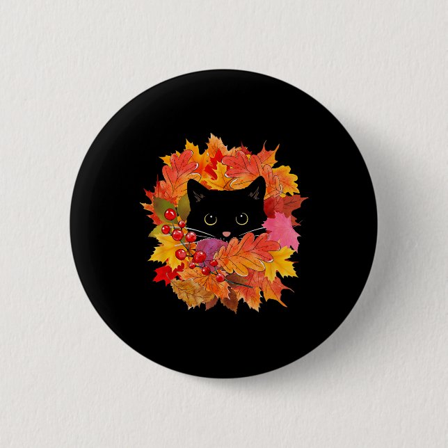 Niedliche Schwarze Katze Pile von Blätter Herbst H Button (Vorderseite)