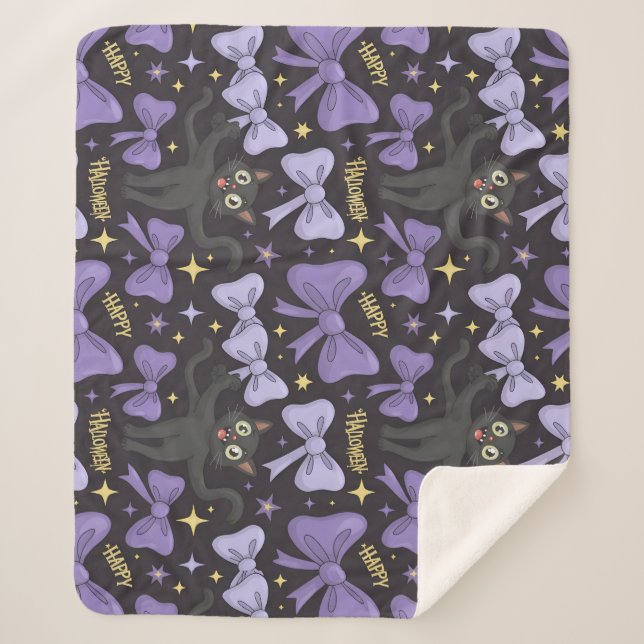 Niedliche schwarze Katze und Bow nahtloses Hallowe Sherpadecke (Vorderseite)