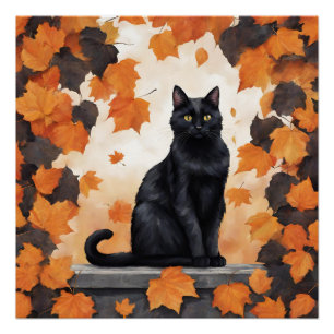 Niedliche schwarze Katze und herbstliche Blätter Poster