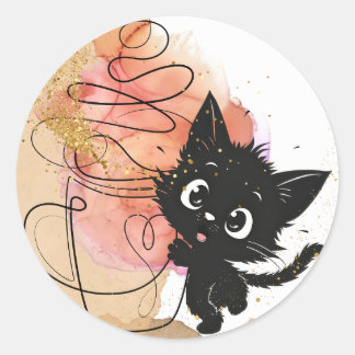Niedliche schwarze Katze und Kaffee, cremige Farbe Runder Aufkleber