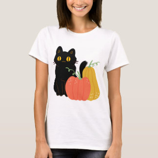Niedliche Schwarze Katze und Kürbis T-Shirt
