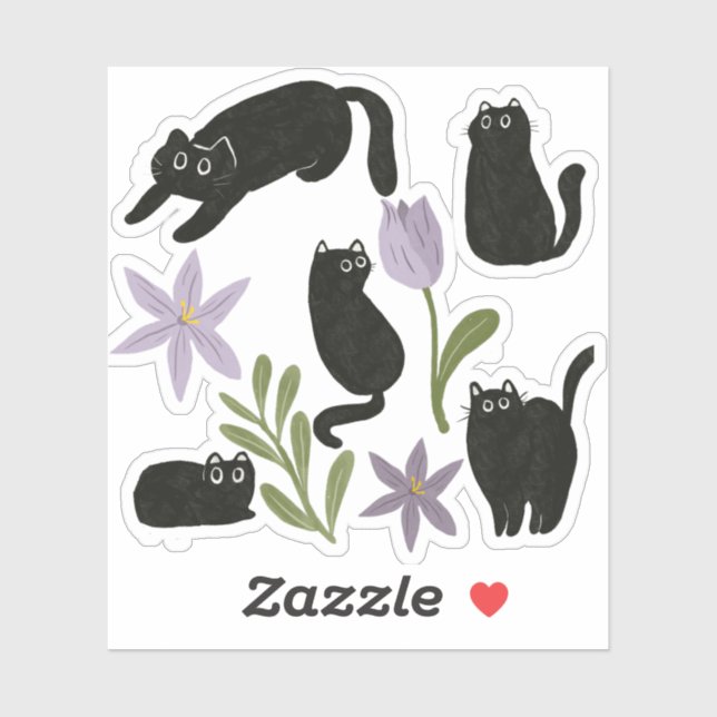 Niedliche Schwarze Katze und Lila Blume Illustrati Aufkleber (Blatt)