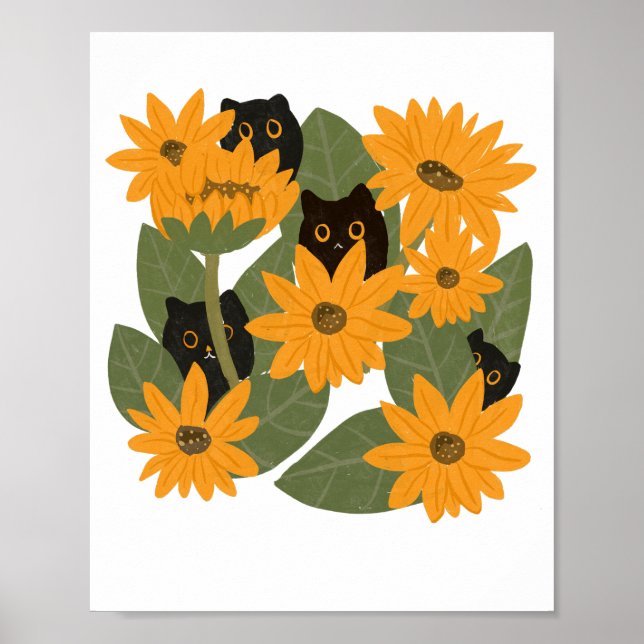 Niedliche Schwarze Katze und Sonnenblumen Poster (Vorne)