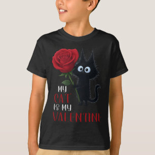 Niedliche schwarze Katze Valentinstag Rose T-Shirt