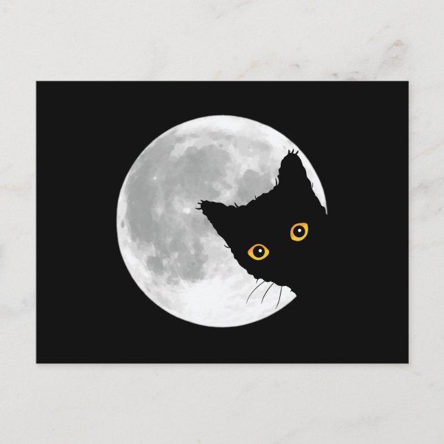 Niedliche Schwarze Katze Vollmond Postkarte (Vorderseite)