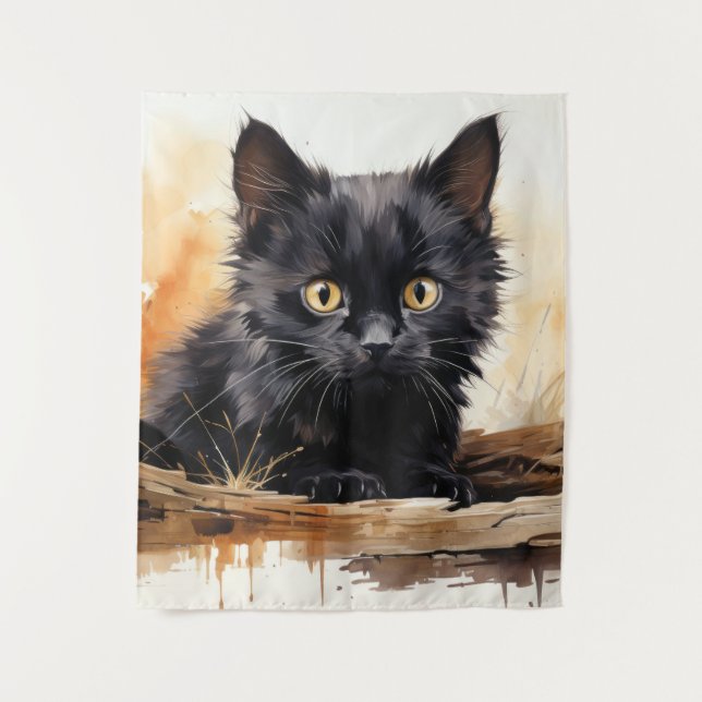 Niedliche Schwarze Katze Wandteppich (Vorderseite)
