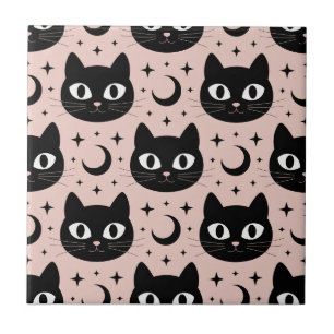 Niedliche Schwarze Katzen & Himmelskörper Hallowee Fliese