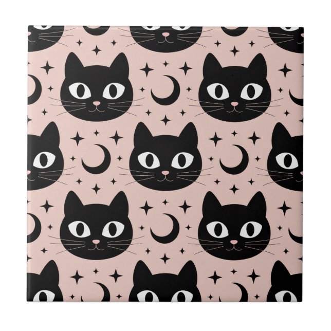 Niedliche Schwarze Katzen & Himmelskörper Hallowee Fliese (Vorderseite)