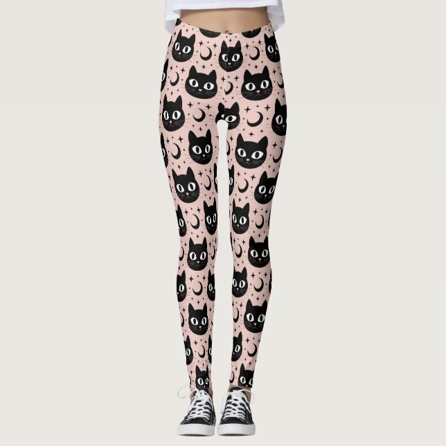 Niedliche Schwarze Katzen & Himmelskörper Hallowee Leggings (Vorderseite)