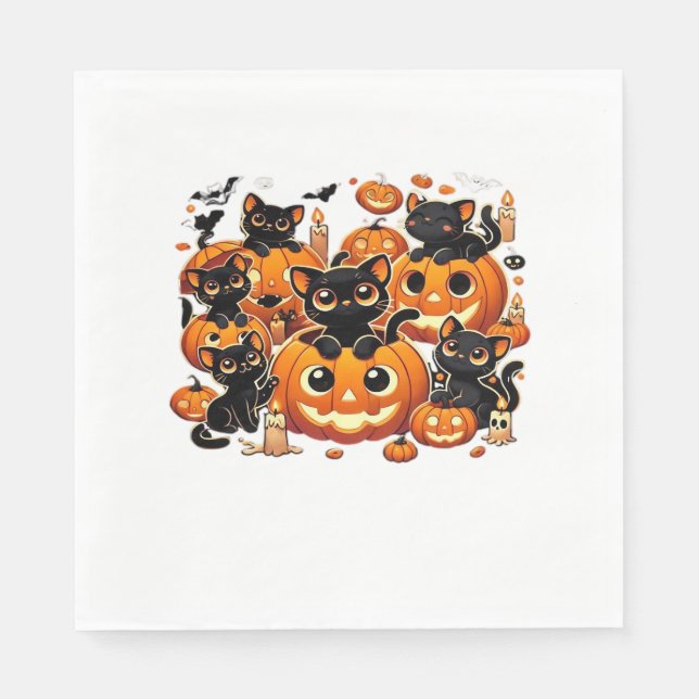 Niedliche schwarze Katzen in Kürbiskins Halloween  Serviette (Vorderseite)