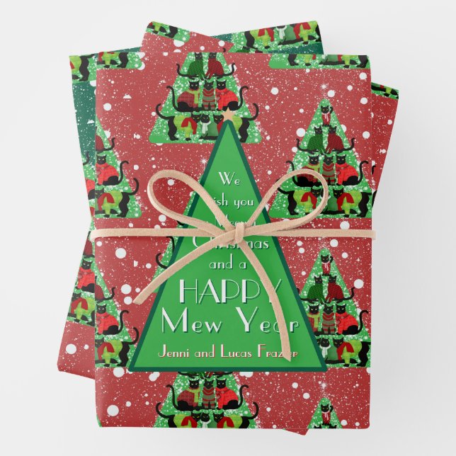 Niedliche Schwarze Katzen in Sweaters Weihnachtsba Geschenkpapier Set (Beispiel)