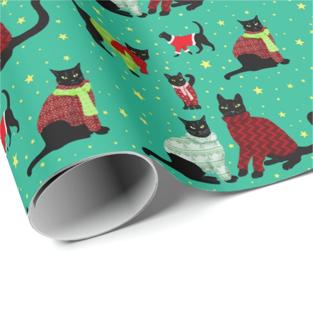 Niedliche Schwarze Katzen in Weihnachtssüßen Geschenkpapier (Rolleneckpunkt)