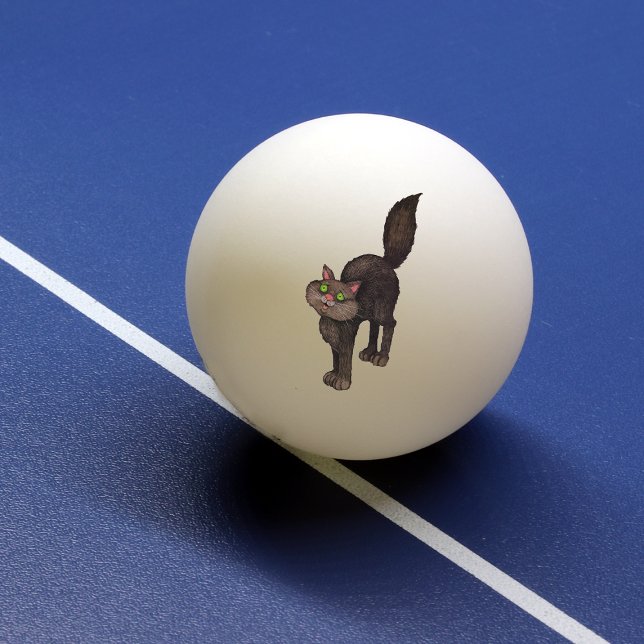 Niedliche Schwarze Katzengrüne Augen Tischtennisball (Cute black cat with arched back bushy tail and green eyes on ping pong balls.)