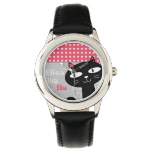 Niedliche schwarze Katzenrosa Polka Punkte Fügen S Armbanduhr