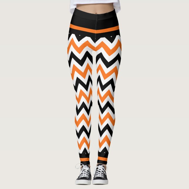 Niedliche schwarze orange Zickzack Leggings (Vorderseite)