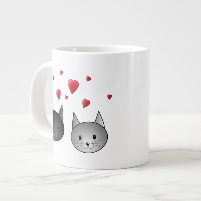 Niedliche Schwarze und Graue Katzen, mit Herz. Jumbo-Tasse (Vorderseite Links)