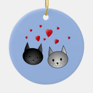 Niedliche schwarze und graue Katzen, mit Herzen Keramik Ornament