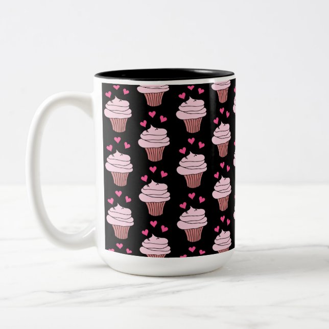 Niedliche, schwarze und rosa Cupcakes Zweifarbige Tasse (Links)