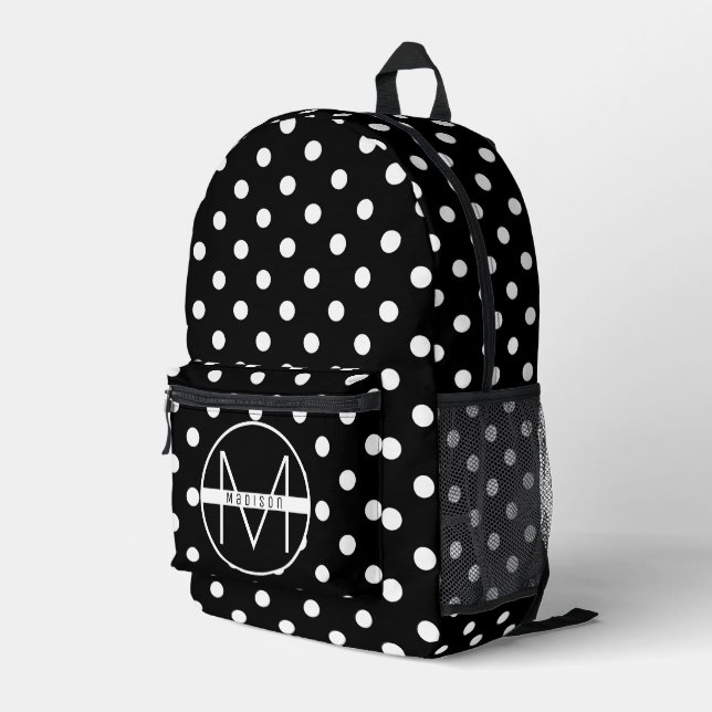 Niedliche schwarze und weiße Polka Dots Monogramm  Bedruckter Rucksack (Rückseitige Ecke Rechts)