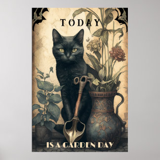 Niedliche Schwarzkatze im Garten Poster