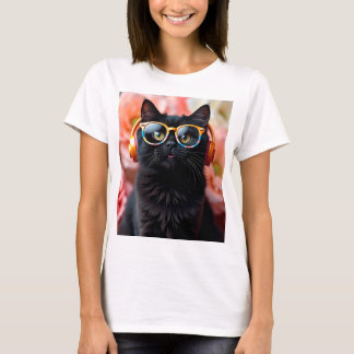 Niedliche Schwarzkatze mit Brille und Kopfhörern T-Shirt