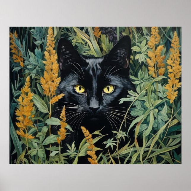 Niedliche Schwarzkatze und Blume Poster (Vorne)